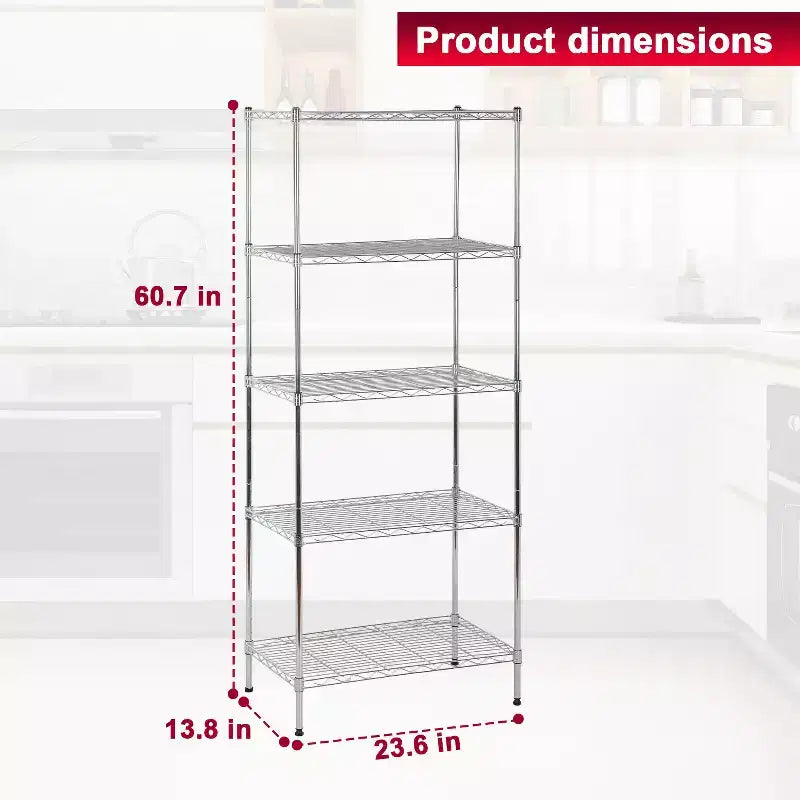 Scaffale a 5 ripiani in filo metallico resistente con piedini di livellamento – Capacità 340 kg, Certificato NSF