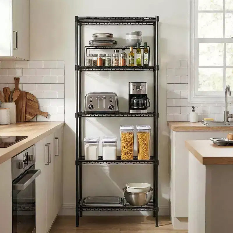 Scaffale a 5 ripiani in filo metallico resistente con piedini di livellamento – Capacità 340 kg, Certificato NSF