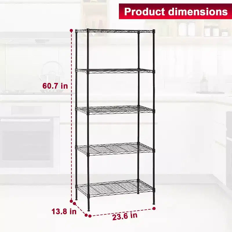 Scaffale a 5 ripiani in filo metallico resistente con piedini di livellamento – Capacità 340 kg, Certificato NSF