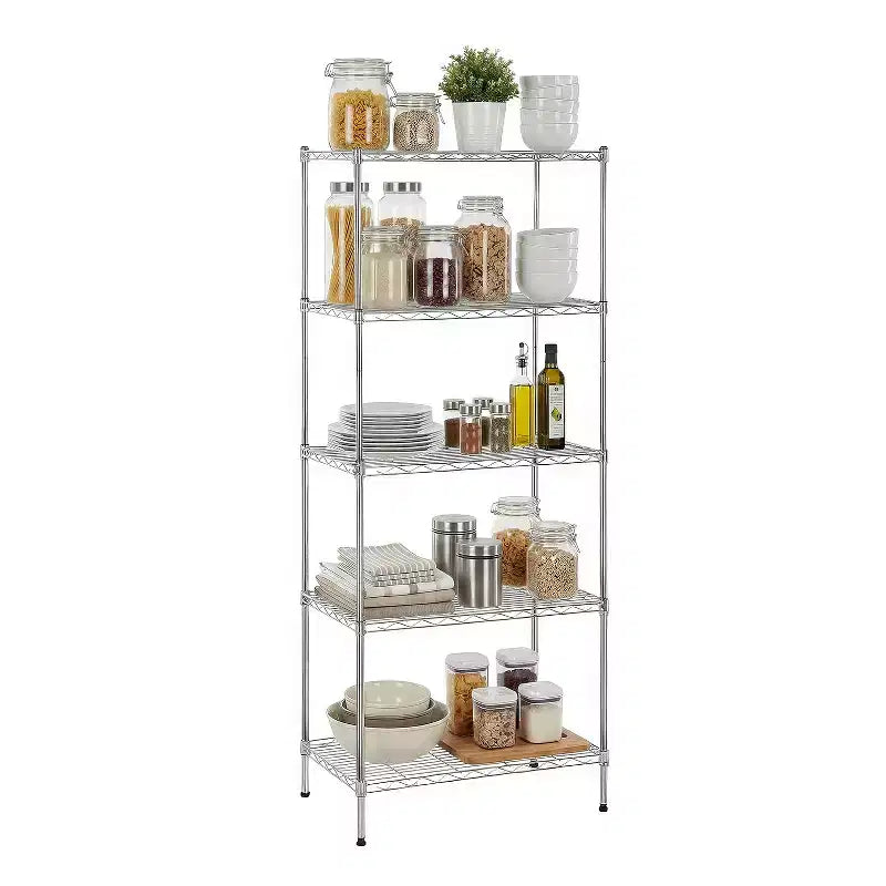 Scaffale a 5 ripiani in filo metallico resistente con piedini di livellamento – Capacità 340 kg, Certificato NSF