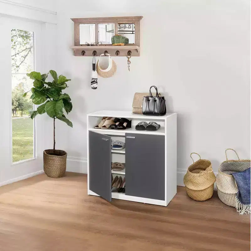 Armadietto portascarpe a 2 ante con ripiano aperto – Contiene 16 paia, Bianco/Grigio