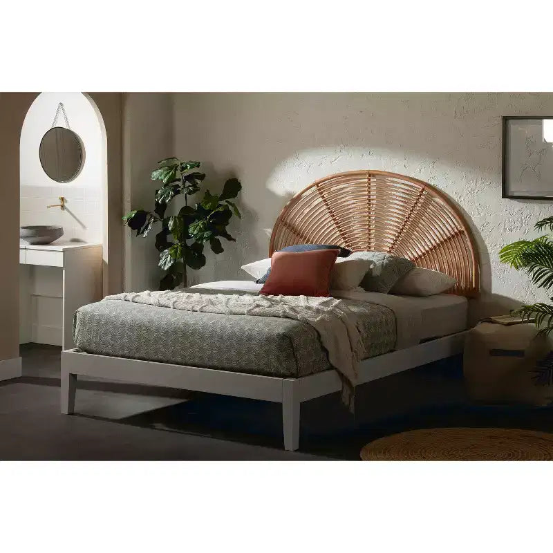 Testiera da parete in Rattan Naturale – Semicerchio Arcobaleno Bohemien, Misura Matrimoniale