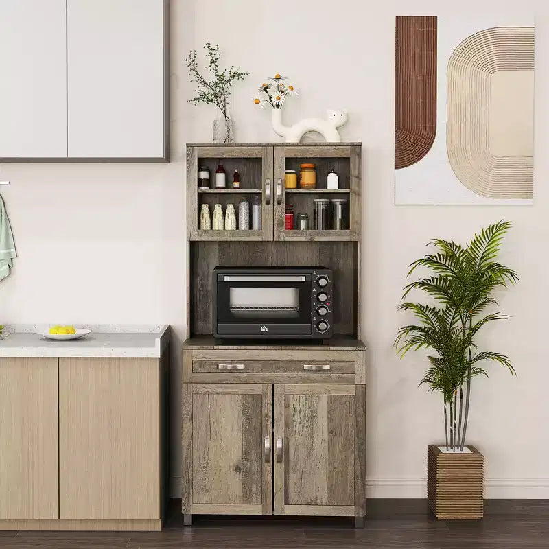 Credenza a buffet da 170 cm con vetrinetta – Dispensa da cucina indipendente con ante in vetro e cassetti