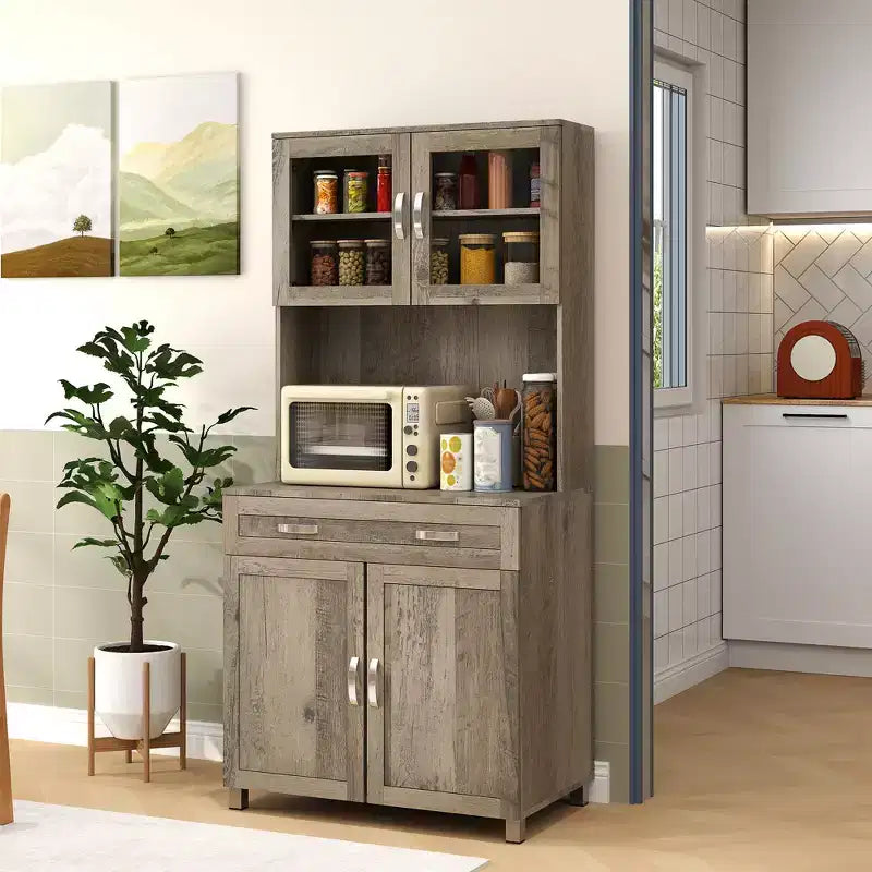 Credenza a buffet da 170 cm con vetrinetta – Dispensa da cucina indipendente con ante in vetro e cassetti