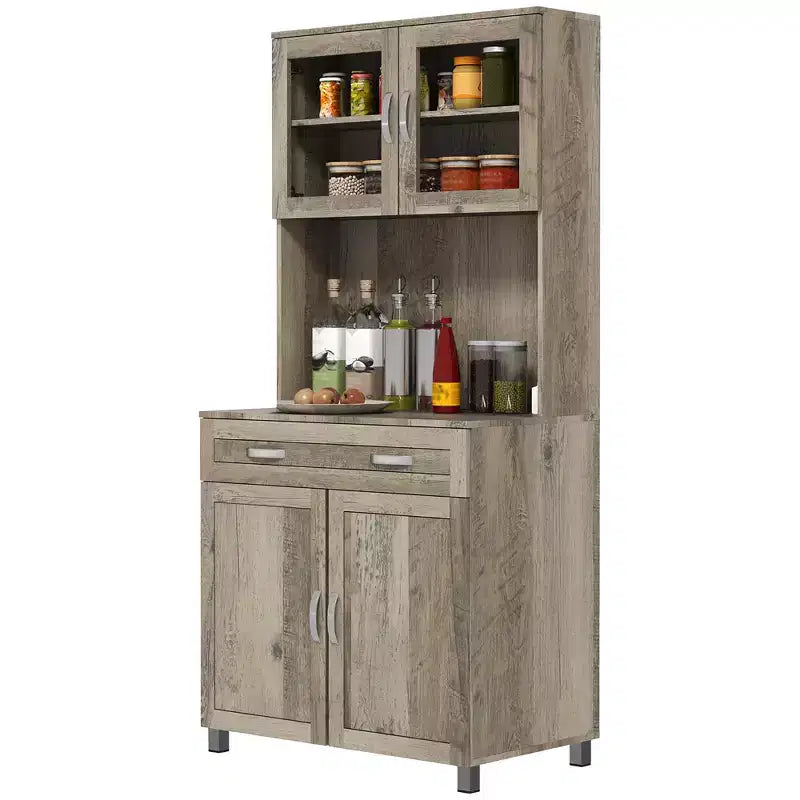 Credenza a buffet da 170 cm con vetrinetta – Dispensa da cucina indipendente con ante in vetro e cassetti