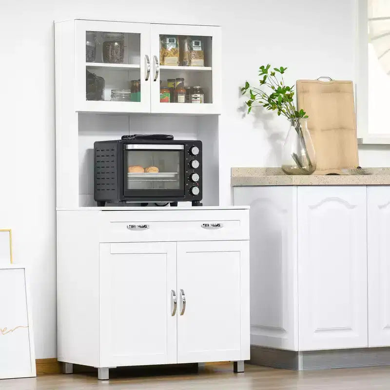 Credenza a buffet da 170 cm con vetrinetta – Dispensa da cucina indipendente con ante in vetro e cassetti