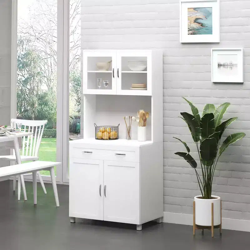 Credenza a buffet da 170 cm con vetrinetta – Dispensa da cucina indipendente con ante in vetro e cassetti