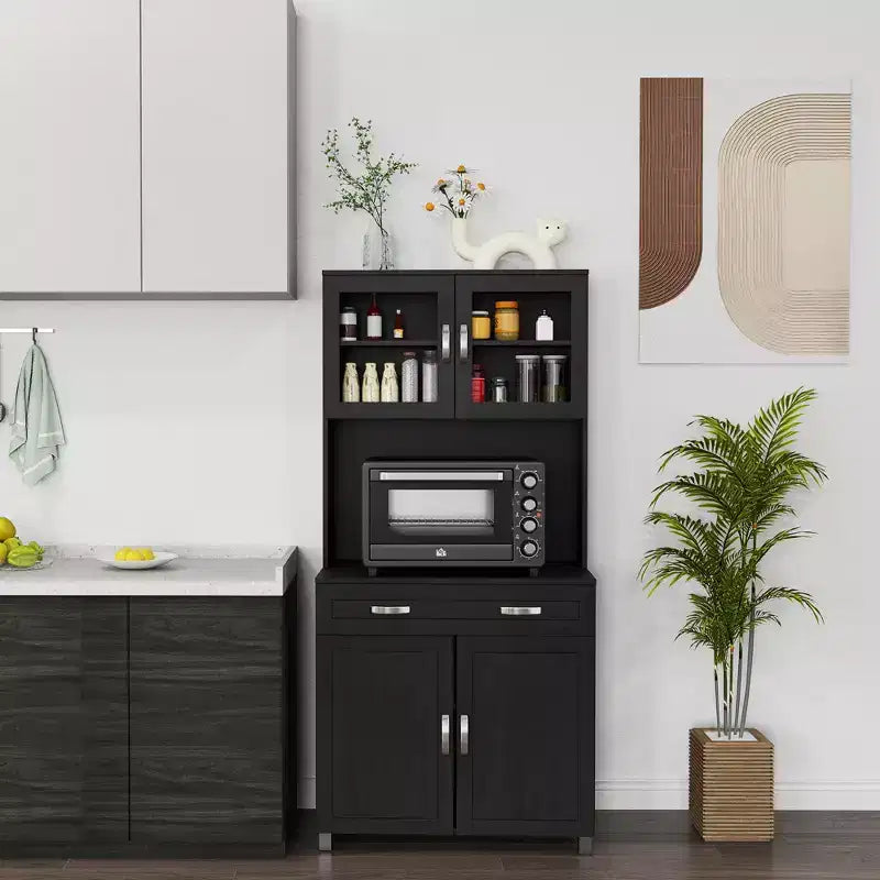 Credenza a buffet da 170 cm con vetrinetta – Dispensa da cucina indipendente con ante in vetro e cassetti