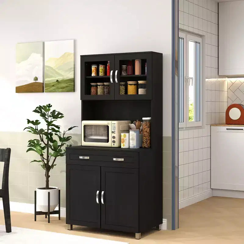 Credenza a buffet da 170 cm con vetrinetta – Dispensa da cucina indipendente con ante in vetro e cassetti