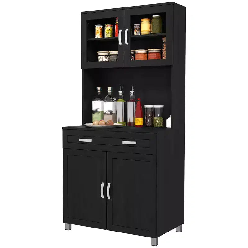 Credenza a buffet da 170 cm con vetrinetta – Dispensa da cucina indipendente con ante in vetro e cassetti