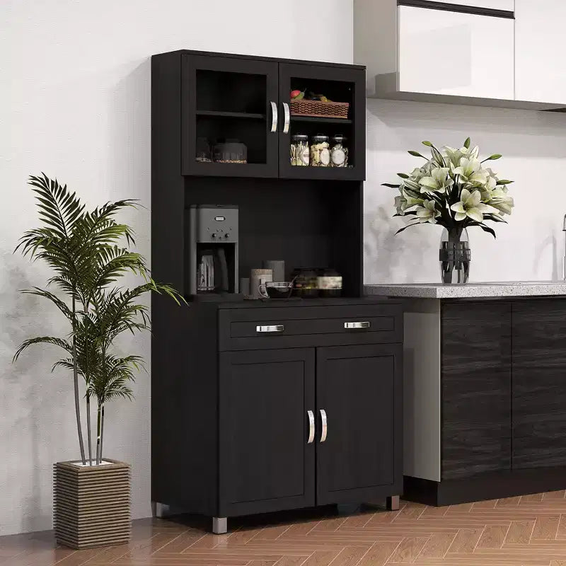 Credenza a buffet da 170 cm con vetrinetta – Dispensa da cucina indipendente con ante in vetro e cassetti