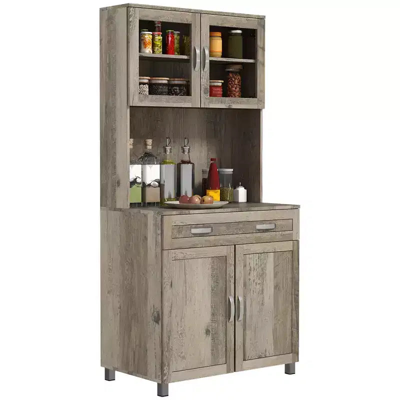 Credenza a buffet da 170 cm con vetrinetta – Dispensa da cucina indipendente con ante in vetro e cassetti