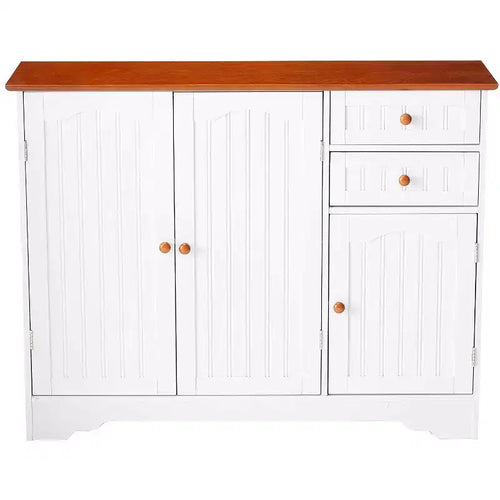 Credenza a buffet da cucina in legno a 3 ante con cassetti – Finitura bianca e noce