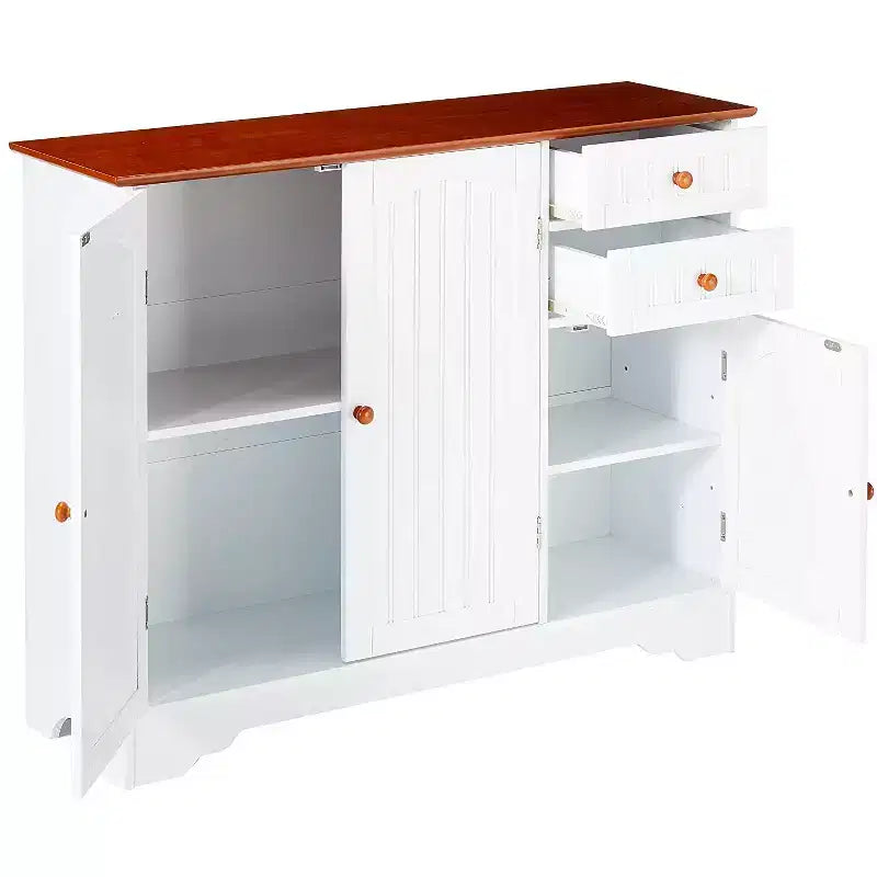 Credenza a buffet da cucina in legno a 3 ante con cassetti – Finitura bianca e noce
