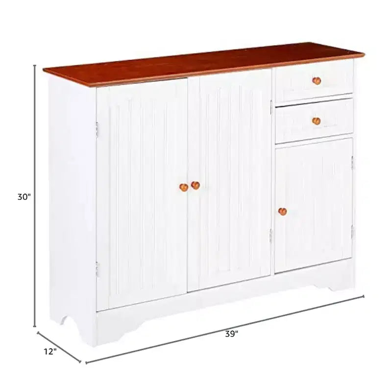 Credenza a buffet da cucina in legno a 3 ante con cassetti – Finitura bianca e noce