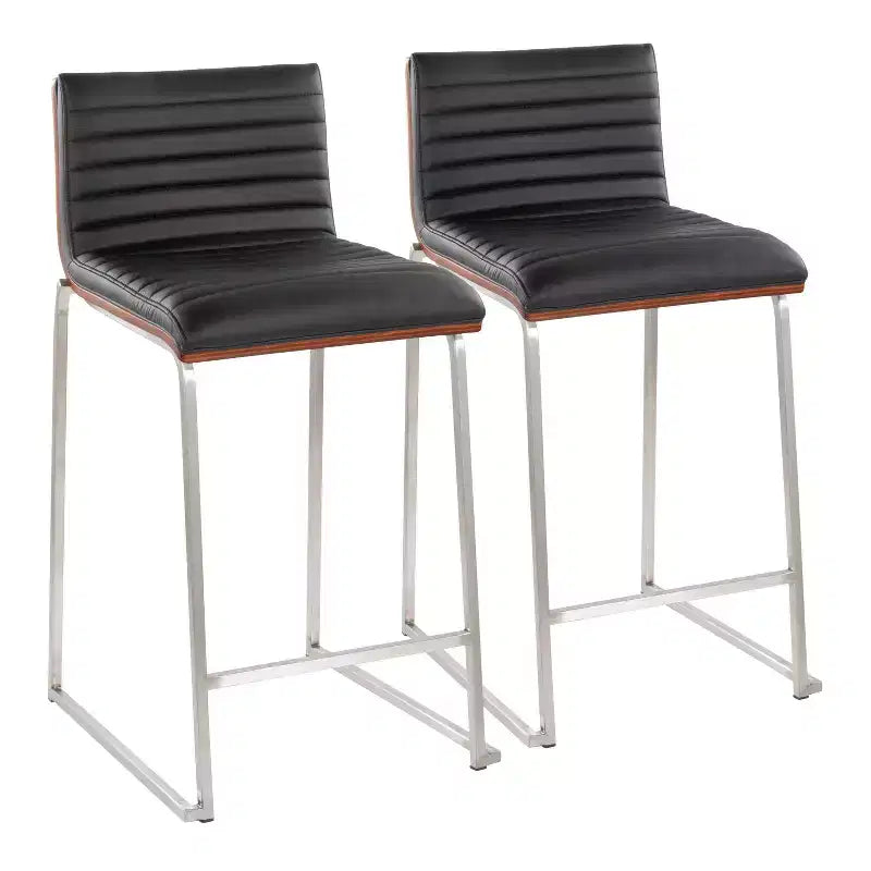 LumiSource Set of 2 26" Mason Mara Counter Height Barstools Stainless Steel Walnut Wood/Black PU Leather