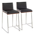 LumiSource Set of 2 26" Mason Mara Counter Height Barstools Stainless Steel Walnut Wood/Black PU Leather