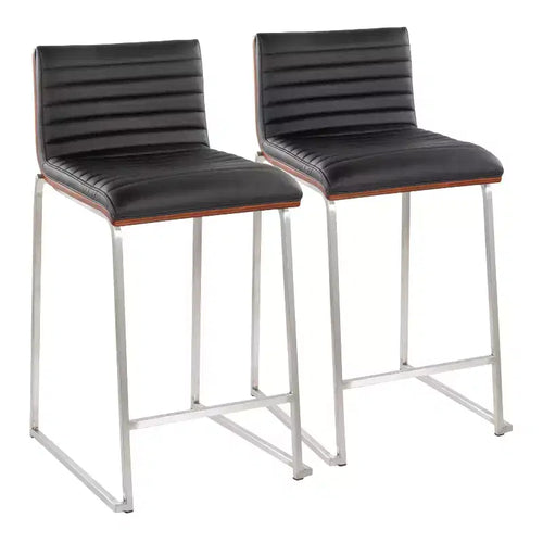 LumiSource Set of 2 26" Mason Mara Counter Height Barstools Stainless Steel Walnut Wood/Black PU Leather