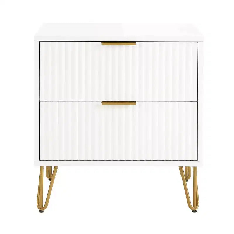 Manhattan Comfort Dumbo 2 Drawer Nightstand White: Modern MDF Bedside Table with Metal Glides, Storage