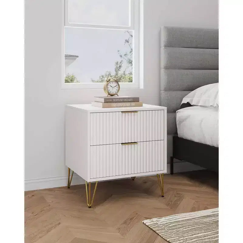 Manhattan Comfort Dumbo Comodino a 2 Cassetti Bianco: Tavolino da Notte Moderno in MDF con Guide Metalliche, Contenitore