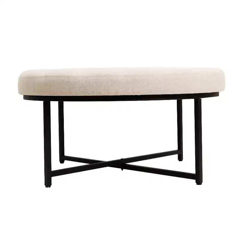 Pouf ottomano trapuntato in cotone e lino rotondo da 34", con struttura in metallo