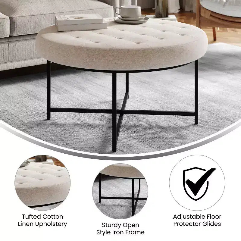 Pouf ottomano trapuntato in cotone e lino rotondo da 34", con struttura in metallo