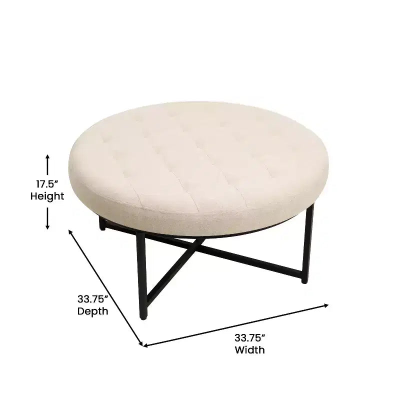 Pouf ottomano trapuntato in cotone e lino rotondo da 34", con struttura in metallo