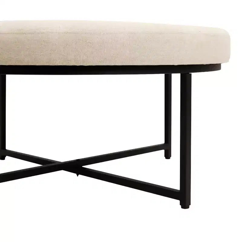 Pouf ottomano trapuntato in cotone e lino rotondo da 34", con struttura in metallo
