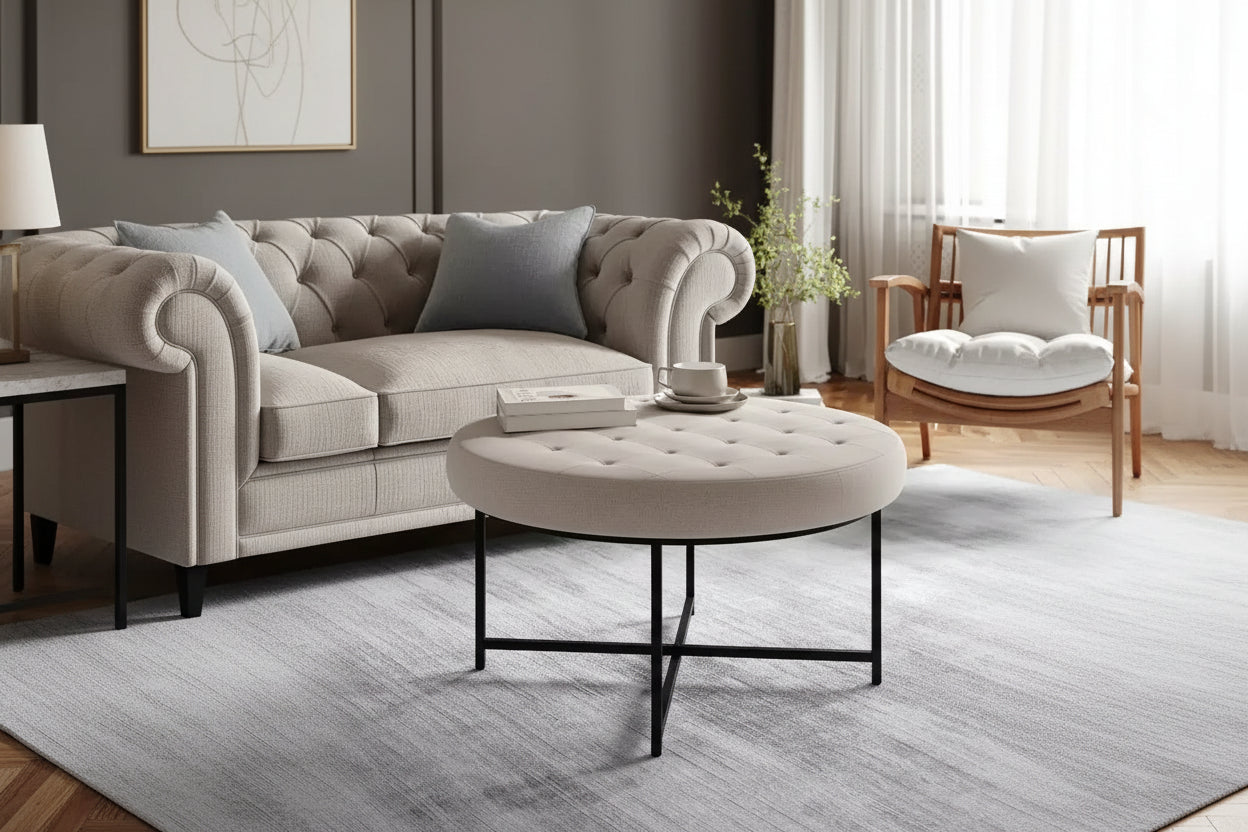 Pouf ottomano trapuntato in cotone e lino rotondo da 34", con struttura in metallo