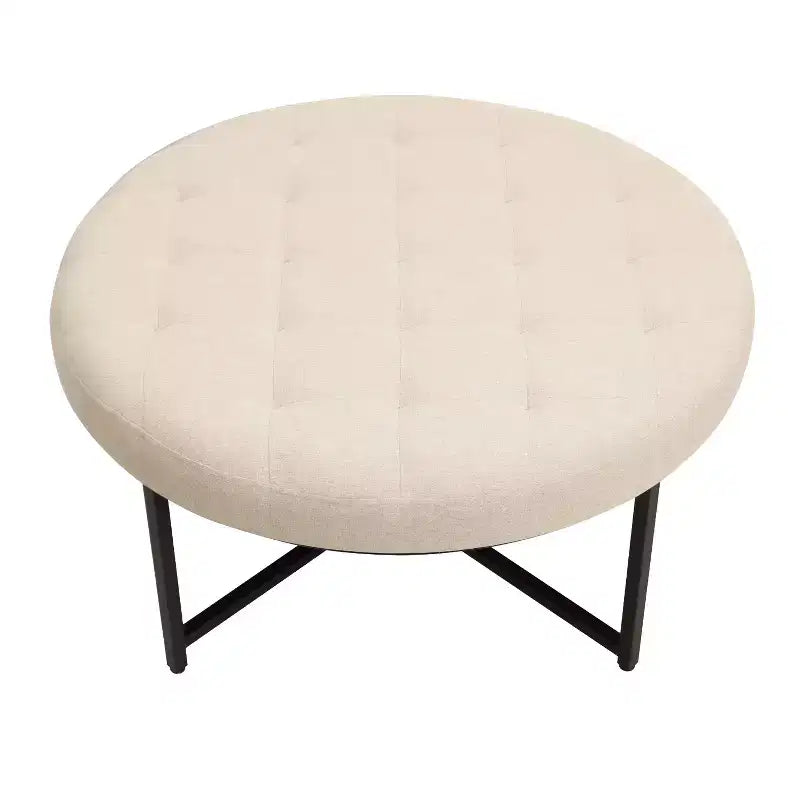 Pouf ottomano trapuntato in cotone e lino rotondo da 34", con struttura in metallo