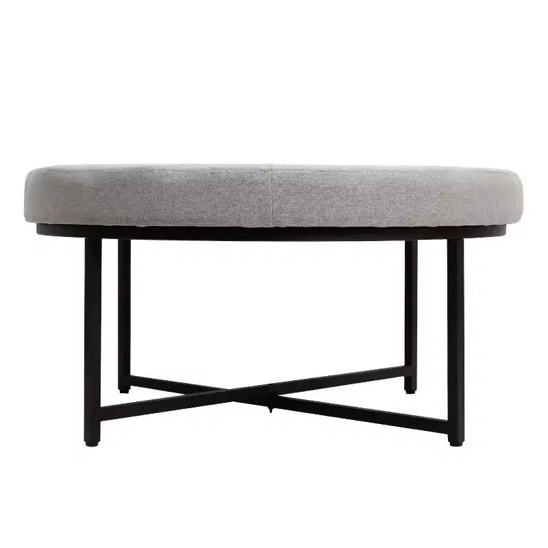 Pouf ottomano trapuntato in cotone e lino rotondo da 34", con struttura in metallo