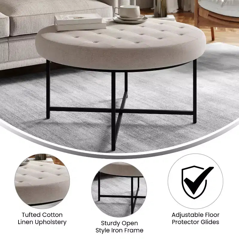 Pouf ottomano trapuntato in cotone e lino rotondo da 34", con struttura in metallo