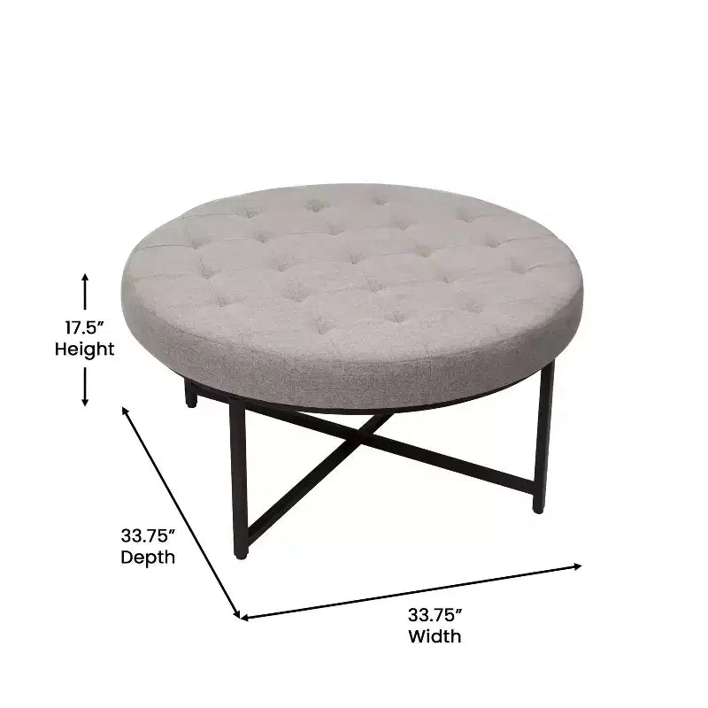 Pouf ottomano trapuntato in cotone e lino rotondo da 34", con struttura in metallo