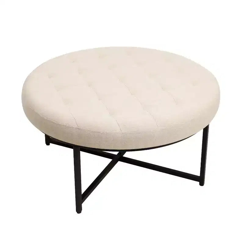 Flash Furniture Ashton 34 Round Cotton Linen Tufted Ottoman with Metal Frame