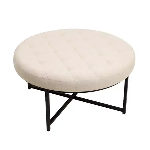 Flash Furniture Ashton 34 Round Cotton Linen Tufted Ottoman with Metal Frame