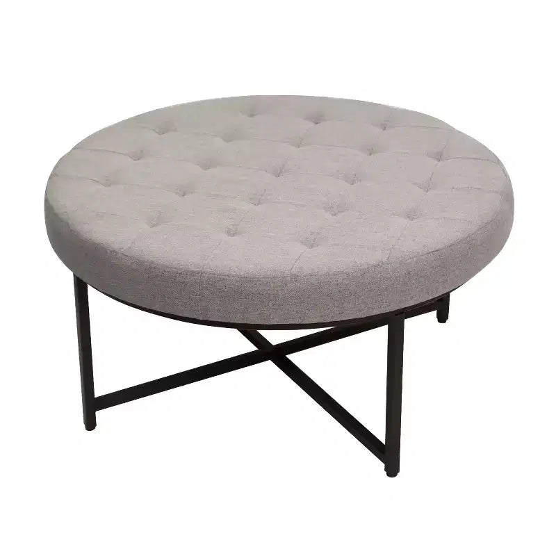 Pouf ottomano trapuntato in cotone e lino rotondo da 34", con struttura in metallo