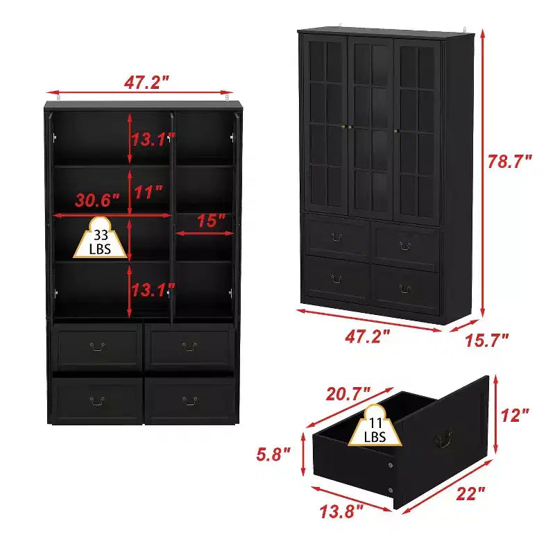 Vetrine Famapy 47,2"L con ante in vetro, armadietto dispensa in legno, colore nero