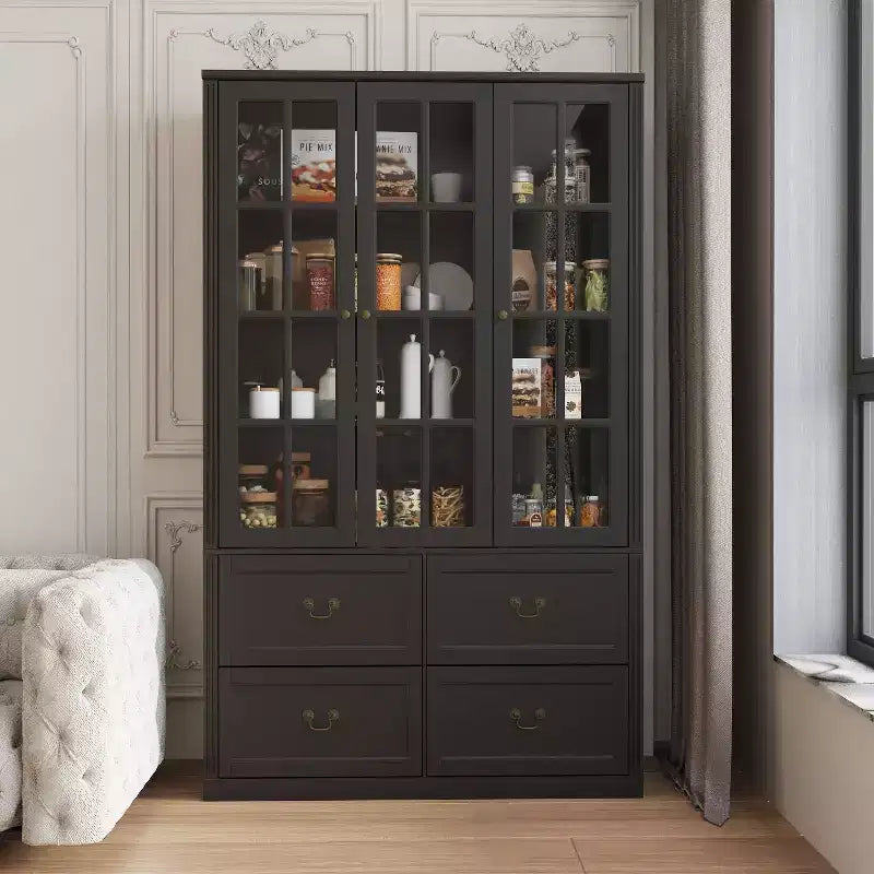 Vetrine Famapy 47,2"L con ante in vetro, armadietto dispensa in legno, colore nero