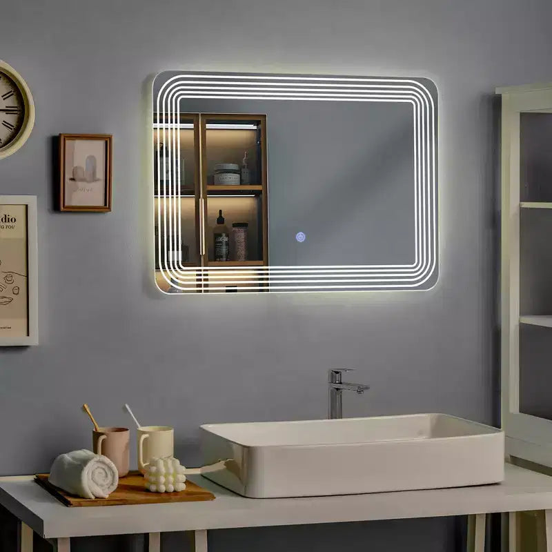 Specchio LED da bagno con interruttore tattile dimmerabile a 3 colori – Montaggio a parete, 71x51 cm, impermeabile IP64
