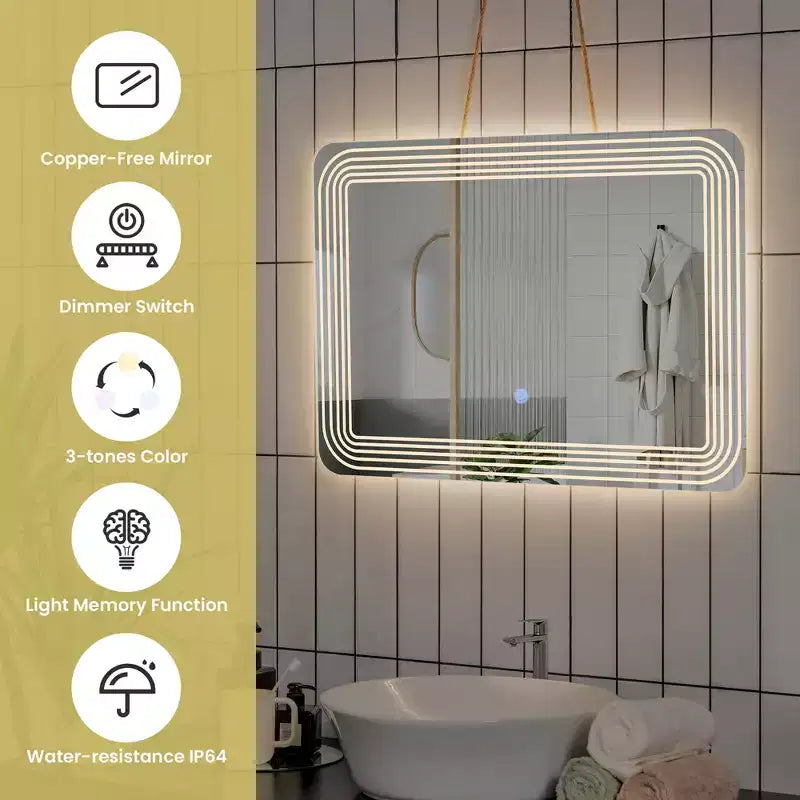 Specchio LED da bagno con interruttore tattile dimmerabile a 3 colori – Montaggio a parete, 71x51 cm, impermeabile IP64