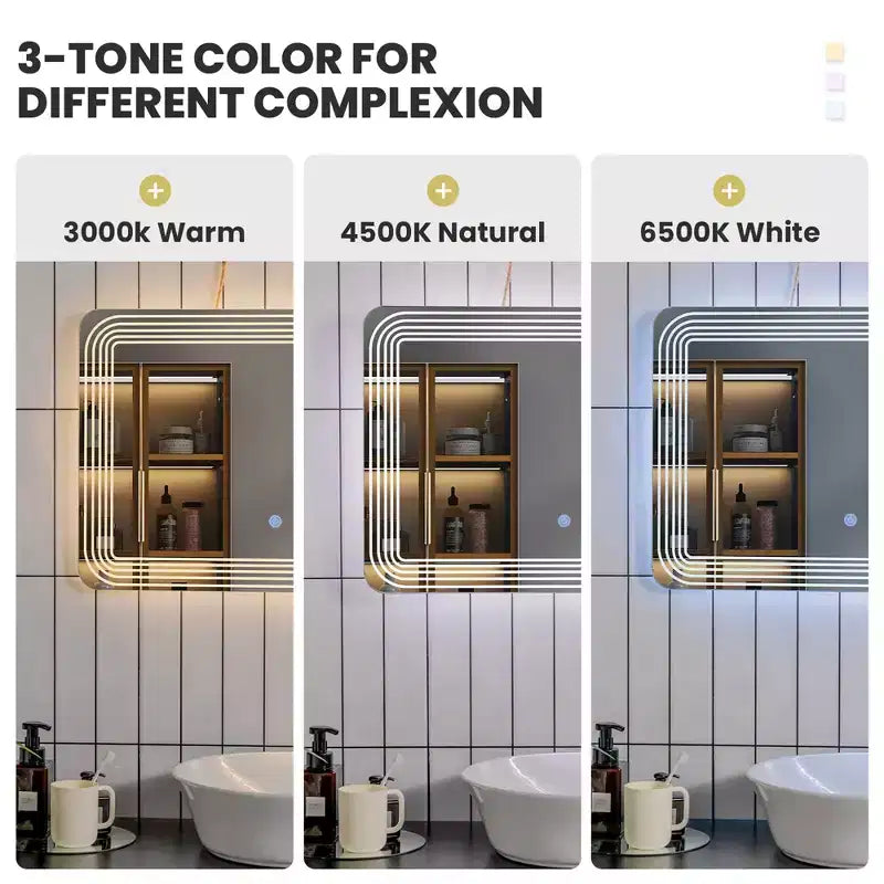 Specchio LED da bagno con interruttore tattile dimmerabile a 3 colori – Montaggio a parete, 71x51 cm, impermeabile IP64