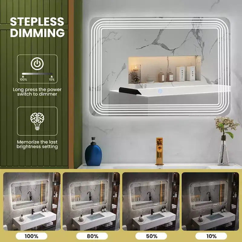 Specchio LED da bagno con interruttore tattile dimmerabile a 3 colori – Montaggio a parete, 71x51 cm, impermeabile IP64