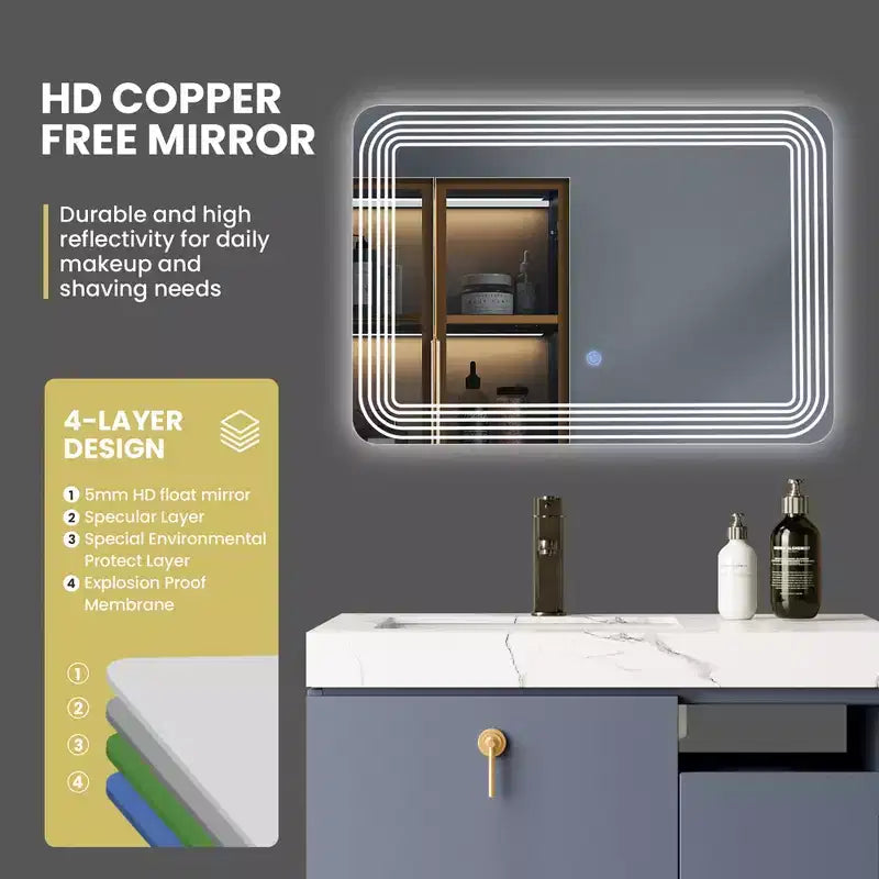 Specchio LED da bagno con interruttore tattile dimmerabile a 3 colori – Montaggio a parete, 71x51 cm, impermeabile IP64