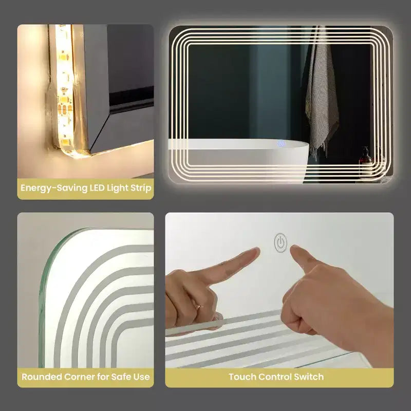 Specchio LED da bagno con interruttore tattile dimmerabile a 3 colori – Montaggio a parete, 71x51 cm, impermeabile IP64