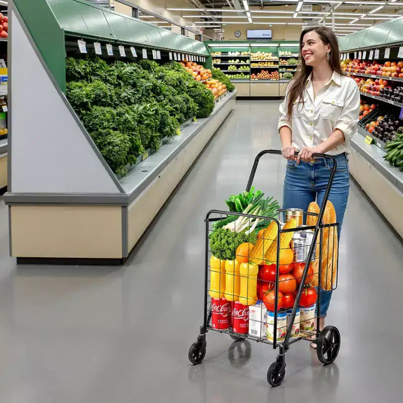 Carrello Spesa Pieghevole con Doppio Cesto e Ruote Girevoli – Capacità 50 kg, Telaio in Acciaio