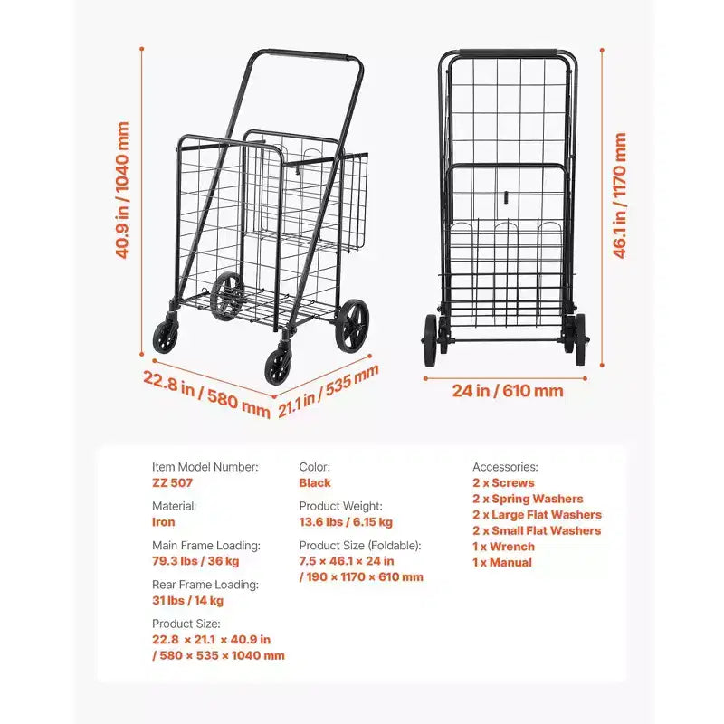 Carrello Spesa Pieghevole con Doppio Cesto e Ruote Girevoli – Capacità 50 kg, Telaio in Acciaio