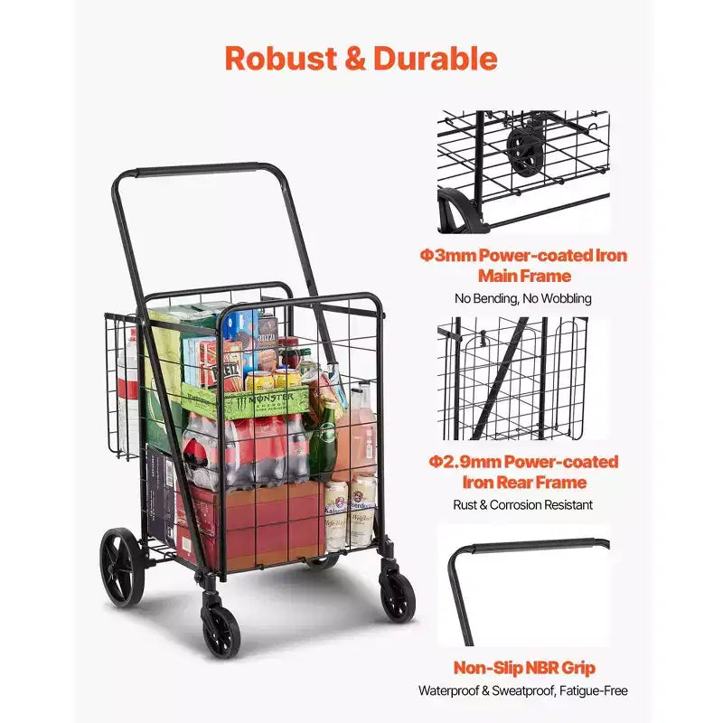 Carrello Spesa Pieghevole con Doppio Cesto e Ruote Girevoli – Capacità 50 kg, Telaio in Acciaio