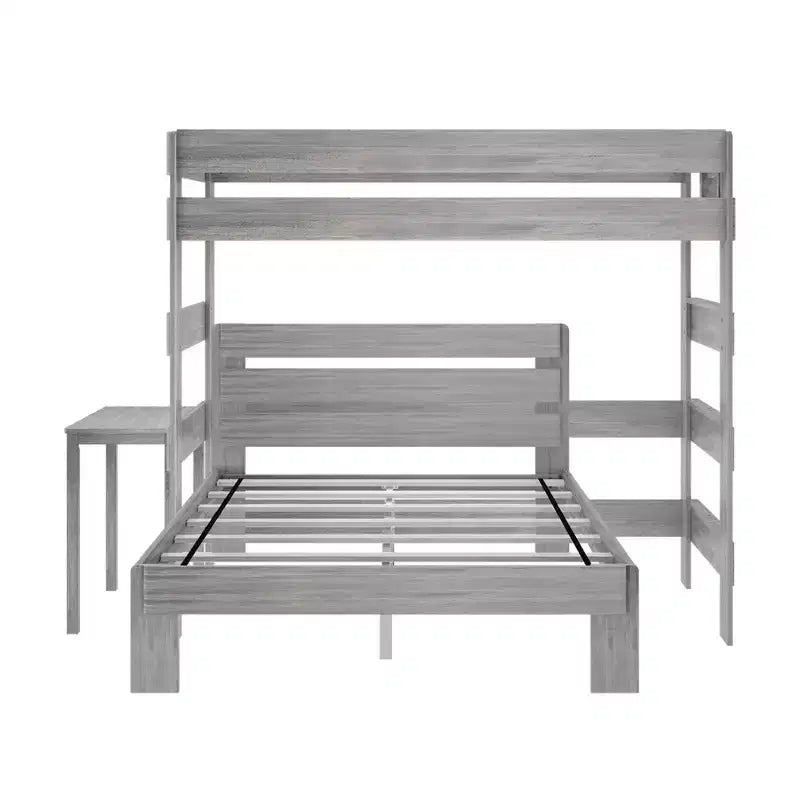 Letto a Castello a L in Legno Massello Stile Rustico, Matrimoniale su Piazza e Mezza con Scrivania