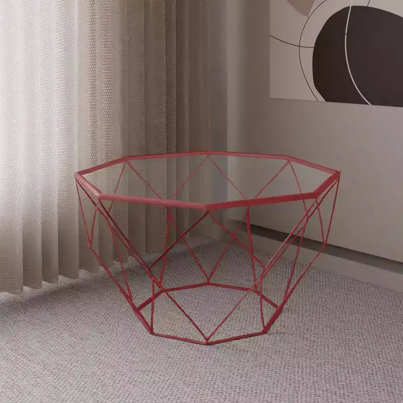 Tavolino da Caffè Moderno Ottagonale con Piano in Vetro e Struttura Geometrica in Ferro – 73 cm