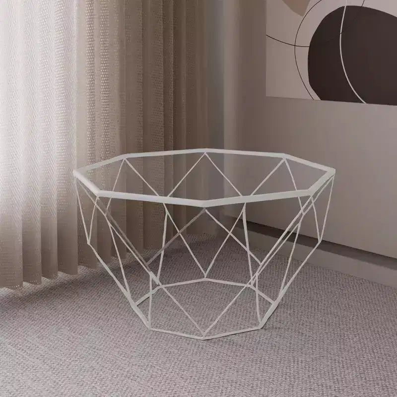 Tavolino da Caffè Moderno Ottagonale con Piano in Vetro e Struttura Geometrica in Ferro – 73 cm